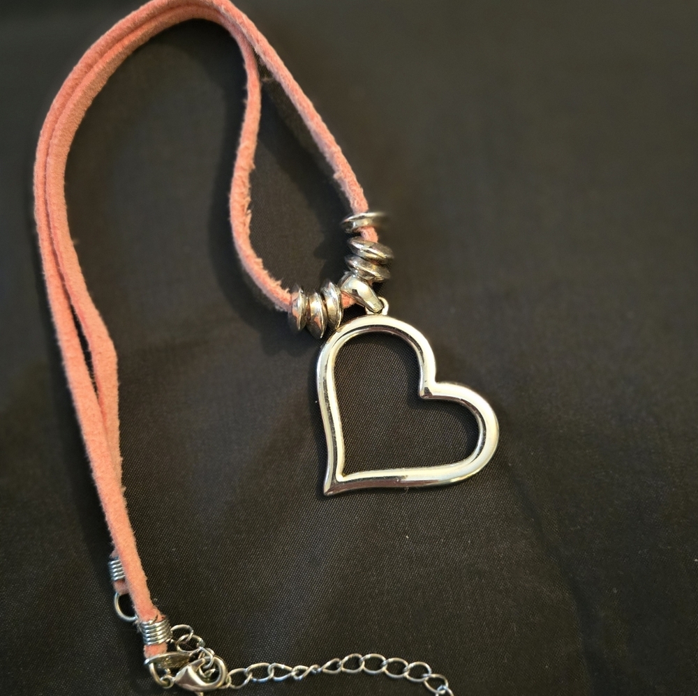 Vintage LIA SOPHIA Silver Heart Pendant Necklace with Pink Leather Cord